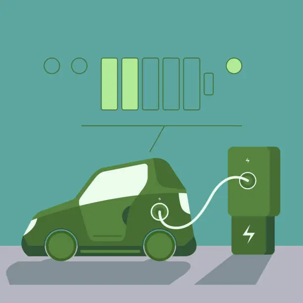 Vector illustration of Green electric car with electric car charging station