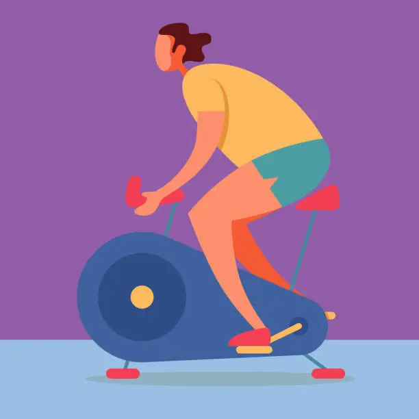 Vector illustration of Man riding stationary bike stay at home