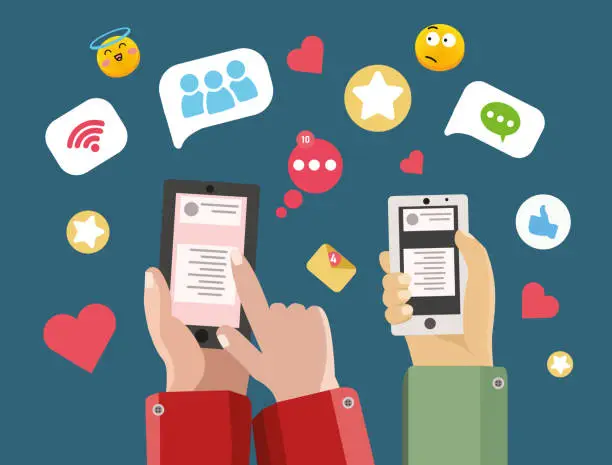 Vector illustration of Online dating app - modern vector colorful illustration, Chat messages smartphone, Sms on mobile phone screen. Man, woman couple chatting, Messaging using chat app or social network. Two persons cellphone conversation sending messages. vector illustration