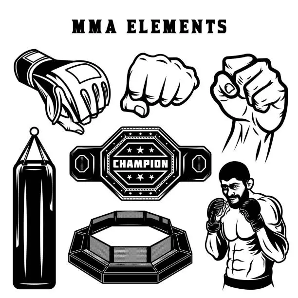 Vector illustration of MMA fighting black and white monochrome elements