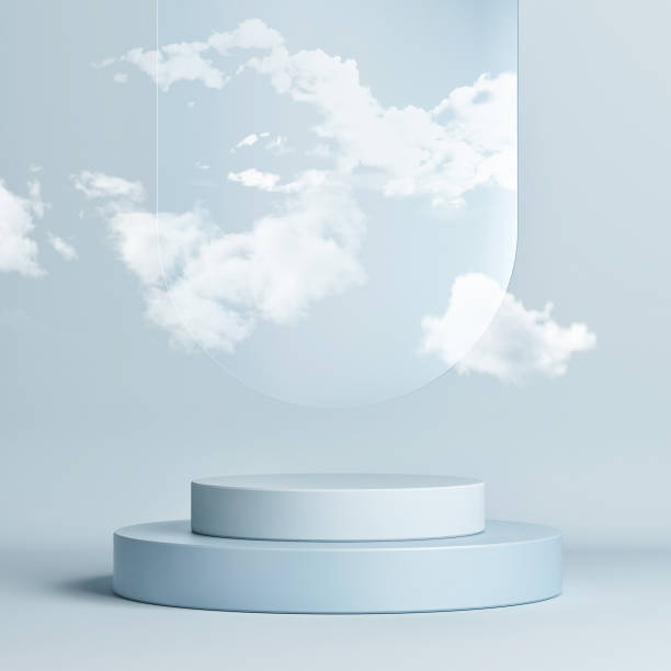 istock Abstract mockup podium for product presentation, blue background with clouds. 1323213380
