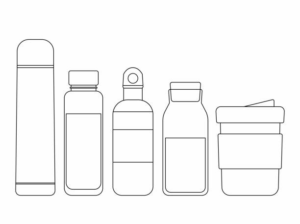 Refillable glass or metal bottles black outline Take your water bottle. Refillable glass or metal bottles black outline. Vector line. Zero waste concept, reasonable consumption, zero plastic. silver bottle cap stock illustrations