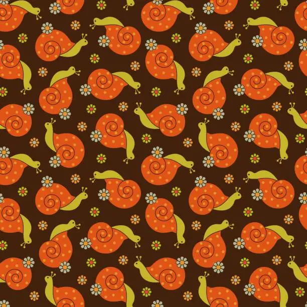 Vector illustration of retro orange snails with daisy flowers seamless pattern