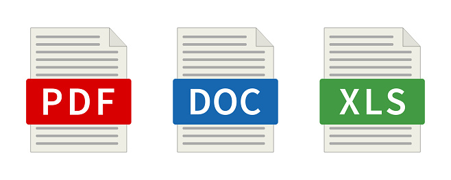 Document file icons. PDF DOC XLS flat icon. Vector illustration on white background.10EPS