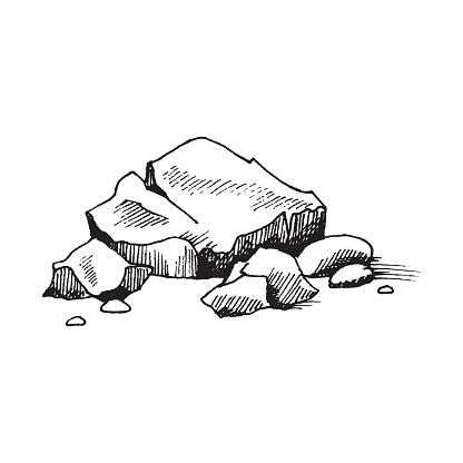 Stone pile of cobblestones or boulders, monochrome engraving vector illustration isolated on white background. Natural rocks and stones in vintage black and white style.