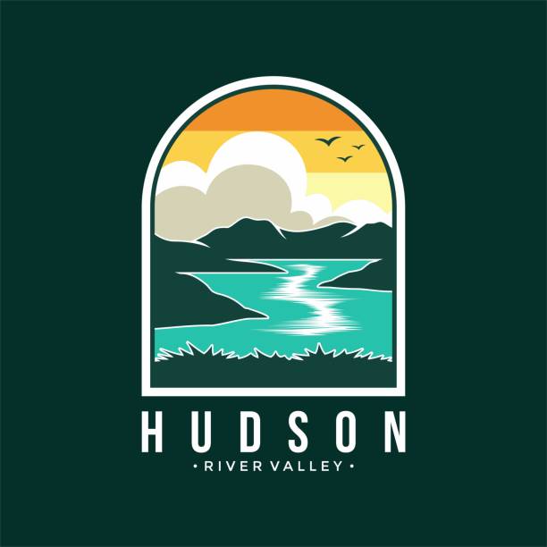 hudson dolina rzeki emblemat patch ilustracja ikona na ciemnym tle - hudson new york state stock illustrations