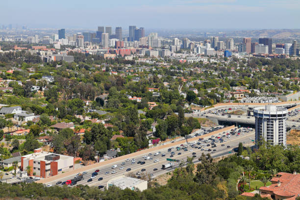 West Los Angeles Skyline High angle view of the West Los Angeles Skyline. This area includes westwood - home to the University of California, Los Angeles - as well as the neighborhoods of Beverly Crest and Holmby Hills. It is bordered on the west by the 405 Freeway traversing the region in a north-south direction. highway 405 photos stock pictures, royalty-free photos & images