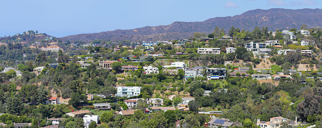 Daytime view of the hillside residences in the community of Bel Air. The exclusive neighborhood on the Westside of Los Angeles is located on the foothills of the Santa Monica Mountains.
