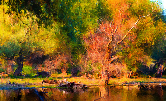 Oil landscape painting showing forest and riverbank on a beautiful autumn day.