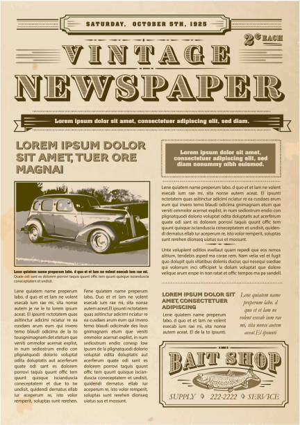 Vintage or old fashioned worn Newspaper layout includes front page with headline design template Vector illustration of a front page of an old newspaper cover page. Use this layout template to design your own custom newspaper. Includes sample masthead, text headlines, advertisements and copy. Also includes old fashioned decorative design elements. Very textured and rough background. Separate layers for easy editing. front page stock illustrations