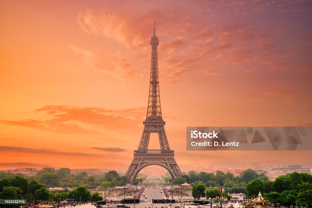 Eiffel Tower Sunset from the Trocadéro A view of the Eiffel tower at sunset from the Trocadéro Eiffel Tower - Paris Stock Photo