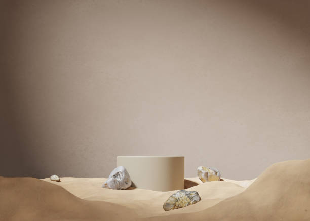Photo of 3D background, beige podium display with shadow, sand desert and stone. Cosmetic, beauty product promotion.  Nature rock with pedestal. Summer Minimal studio mockup, abstract 3D render illustration.