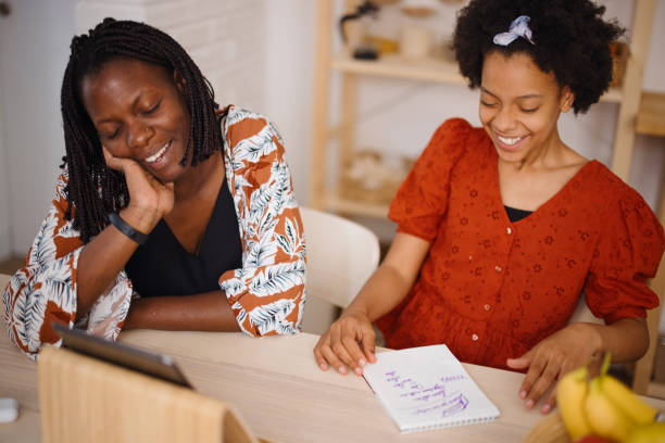 Mother and daughter on a video call with family