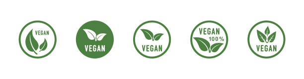 비건 라운드 아이콘 세트. 나뭇잎이 있는 비건 음식 표지판. 로고. 카페 레스토랑 포장 디자인에 대한 태그. 바이오, 생태, 유기농 로고 및 배지, 라벨. 비건 음식 다이어트 아이콘, 바이오 및 건� - vegan food 이미지 stock illustrations
