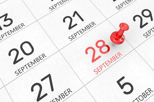 3d rendering of important days concept. September 28th. Day 28 of month. Red date written and pinned on a calendar. Autumn month, day of the year. Remind you an important event or possibility.