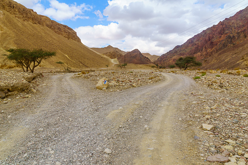 View of the Nahal Shlomo (desert valley). with a trail marks, Eilat Mountains, southern Israel