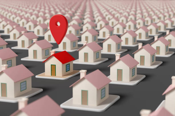 istock Map pointer over a house among many other houses. Selective focus. Real estate concept. 3d illustration. 1323241224