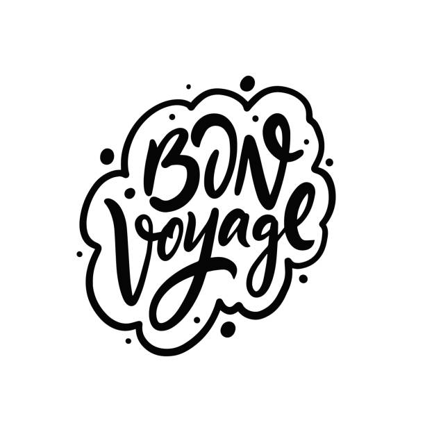 ilustraciones, imágenes clip art, dibujos animados e iconos de stock de bon voyage. frase de viaje de motivación de color negro dibujado a mano. - celebración de despedida