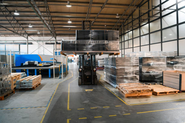 istock Forklift loader in storage warehouse ship yard. Distribution products. Delivery. Logistics. Transportation. Business background 1323242248
