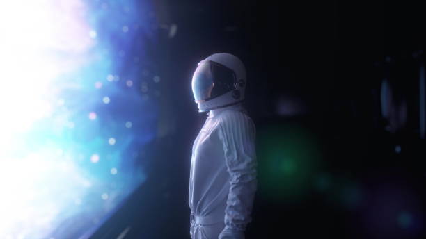 istock Alone Astronaut in Futuristic Spaceship Room. 3d rendering 1323244779