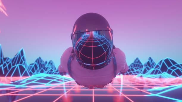 astronaut umgeben von blinkenden neonlichtern. 3d-rendering - tanzmusik stock-fotos und bilder