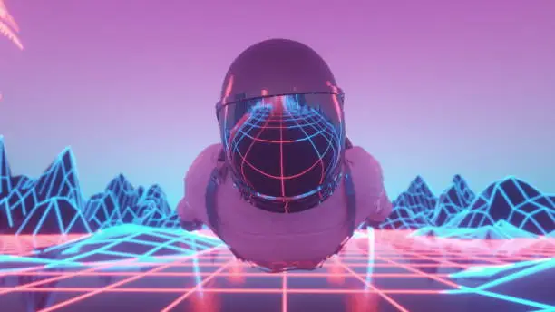 Photo of Astronaut surrounded by flashing neon lights. 3d rendering