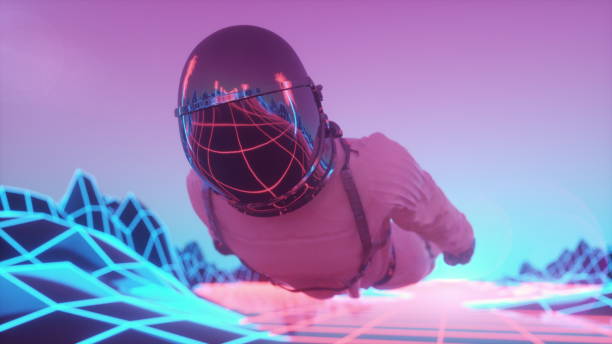 astronaute entouré de néons clignotants. rétro 80s style synthwave fond. rendu 3d - effet visuel photos et images de collection