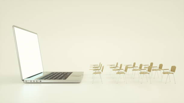 istock Digital classroom online education concept. School desks and laptop. 3d rendering 1323244934