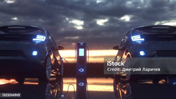 Electric Cars Charging At A Charging Station 3d Rendering Stock Photo - Download Image Now