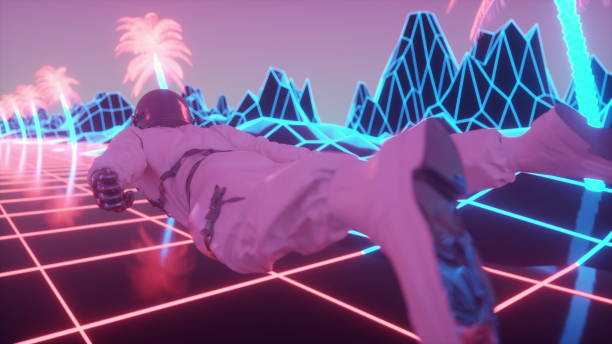 istock Retro 80s style synthwave background. Astronaut surrounded by flashing neon lights. 3d rendering 1323245371