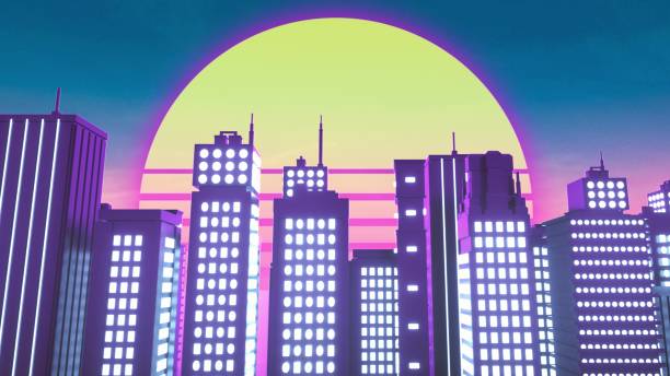 istock Retrowave style background of neon city. 3d rendering 1323245877