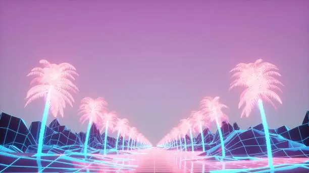 Photo of Synthwave background with palm trees. 3d rendering