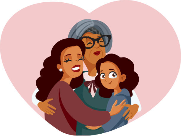 illustrazioni stock, clip art, cartoni animati e icone di tendenza di nonna africana, madre e figlia che abbracciano con amore - grandmother
