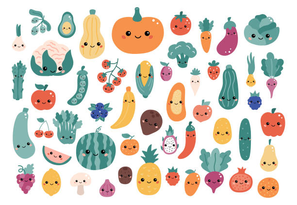 ilustrações, clipart, desenhos animados e ícones de conjunto vetorial de kawaii desenhos animados e frutas com rostos engraçados. - eggplant vegetable tomato fruit