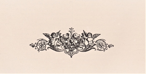Cherubs on ornate floral and metal decoration, Great for Stationery. Illustration published in Royal Manual by Henry Davenport Northrop (The Dallas Book Publishing Co.: Dallas, Texas) in 1891.