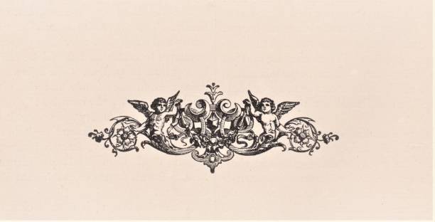 Cherubs on Ornate Floral Decoration, Stationery Cherubs on ornate floral and metal decoration, Great for Stationery. Illustration published in Royal Manual by Henry Davenport Northrop (The Dallas Book Publishing Co.: Dallas, Texas) in 1891. cherub stock illustrations
