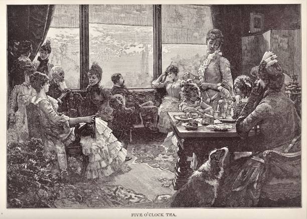 빅토리아 하이 티 - old fashioned tea cup victorian style beauty stock illustrations