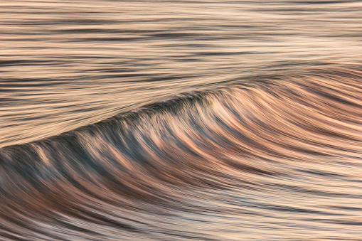 Motion blur of amber cresting ocean wave at beach in warm afternoon light