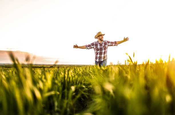 istock Happy young farmer running on an agricultural field. 1323264454