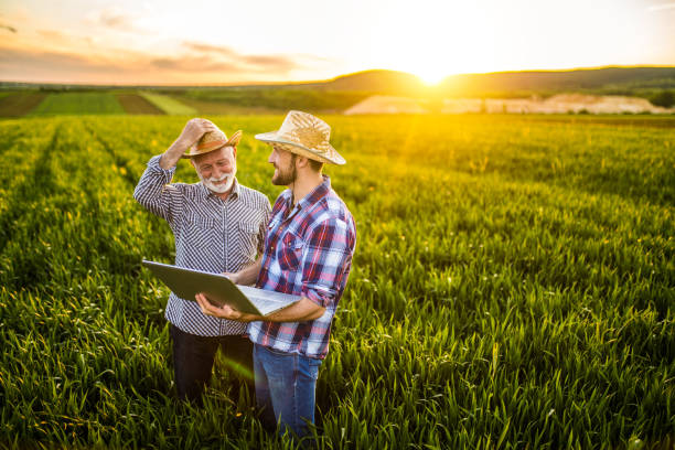 istock Two happy farmers working on an agricultural field. 1323264534