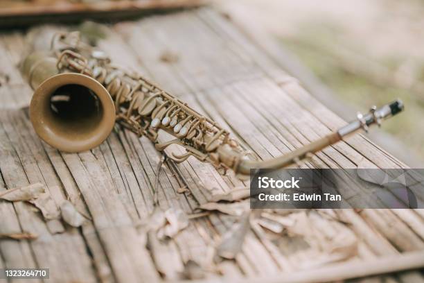 Alto Saxophone On Wooden Table Outdoor In Woodland Stock Photo - Download Image Now - Saxophone, Woodwind Instrument, Abandoned