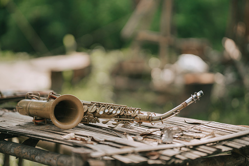 Alto saxophone on wooden table outdoor in woodland