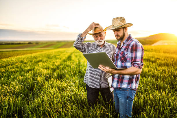 istock Two happy farmers working on an agricultural field. 1323265611