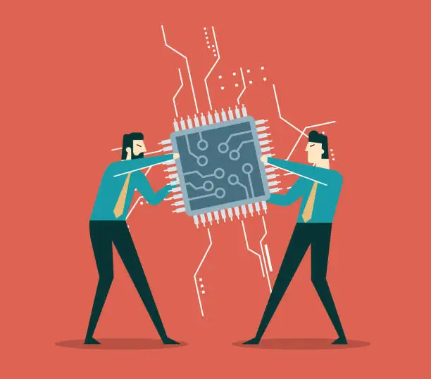 Vector illustration of businessman tug of war fighting to get computer chip