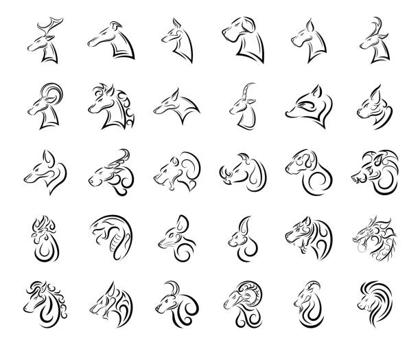 black animal head line art icon set black animal head line art icon set ram animal stock illustrations