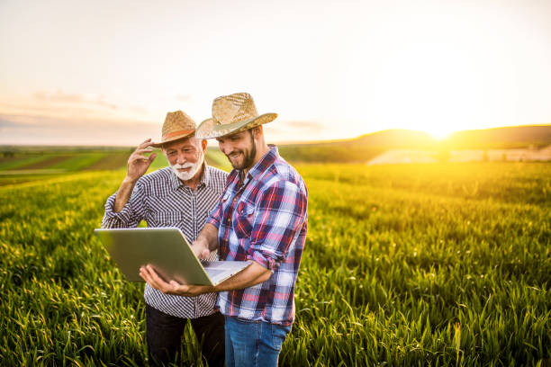 zwei glückliche landwirte, die auf einem landwirtschaftlichen feld arbeiten. - farmer rural scene laptop computer stock-fotos und bilder
