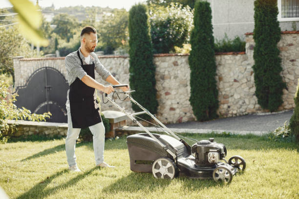 istock Lawn mower man working on the backyard 1323269829