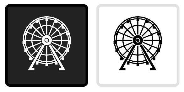 Ferris Wheel Icon on  Black Button with White Rollover. This vector icon has two  variations. The first one on the left is dark gray with a black border and the second button on the right is white with a light gray border. The buttons are identical in size and will work perfectly as a roll-over combination.