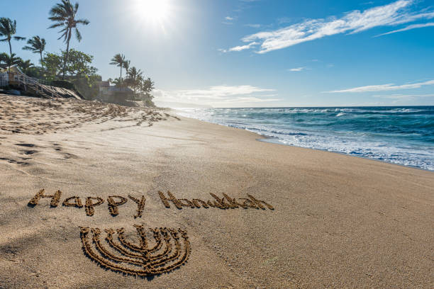 “Happy Hanukkah” written in the sand