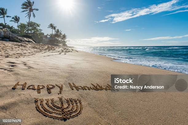 Happy Hanukkah Written In The Sand Stock Photo - Download Image Now - Hanukkah, Happiness, Beach